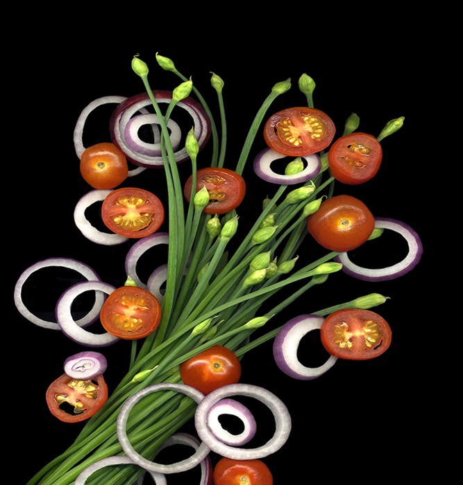 CHIVE BLOSSOMS, TOMATOE AND ONION